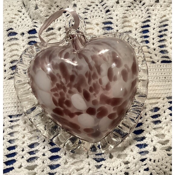 Blown Clear Glass With Purple/ White Accent Heart Pendant Ornament 5” x 5” Inch - Picture 1 of 5